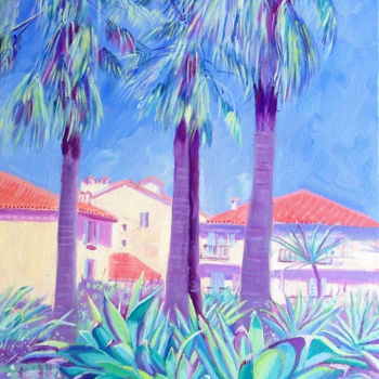 「Palm Trees, Antibes」というタイトルの絵画 Mary Stubberfieldによって, オリジナルのアートワーク, オイル ウッドストレッチャーフレームにマウント