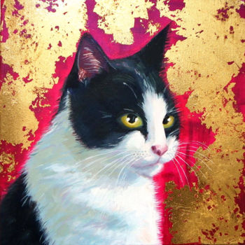 Painting titled "Tuxedo Cat painting" by Mary Stubberfield, Original Artwork, Acrylic Mounted on Wood Stretcher frame
