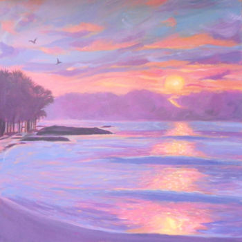 Painting titled "Sunset beach" by Mary Stubberfield, Original Artwork, Acrylic Mounted on Wood Stretcher frame