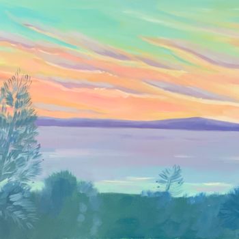 Painting titled "Greek Sunset" by Mary Stubberfield, Original Artwork, Oil Mounted on Wood Stretcher frame