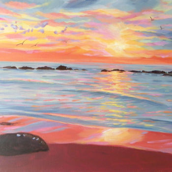 Painting titled "Tropical Sunset" by Mary Stubberfield, Original Artwork, Acrylic Mounted on Wood Stretcher frame