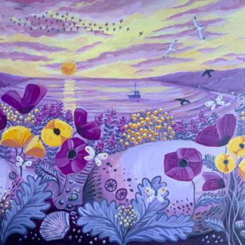 Painting titled "Flowers at the beach" by Mary Stubberfield, Original Artwork, Acrylic Mounted on Wood Stretcher frame