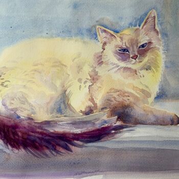 Painting titled "Cat on windowsill" by Mary Stubberfield, Original Artwork, Watercolor