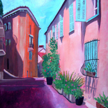 Painting titled "Cannes Old Town" by Mary Stubberfield, Original Artwork, Oil Mounted on Wood Stretcher frame