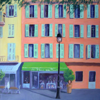 Painting titled "La Place aux Fleurs" by Mary Stubberfield, Original Artwork, Oil Mounted on Wood Stretcher frame