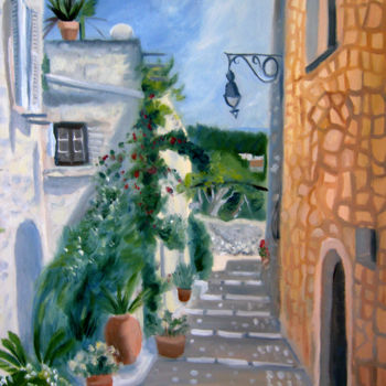 Painting titled "St Paul-de-Vence" by Mary Stubberfield, Original Artwork, Oil Mounted on Wood Stretcher frame