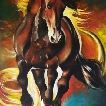 Painting titled "Red Horse" by Maryam M Ahmed, Original Artwork, Oil