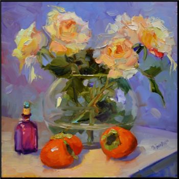 Painting titled "Persimmons and Old…" by Maryanne Jacobsen, Original Artwork, Oil