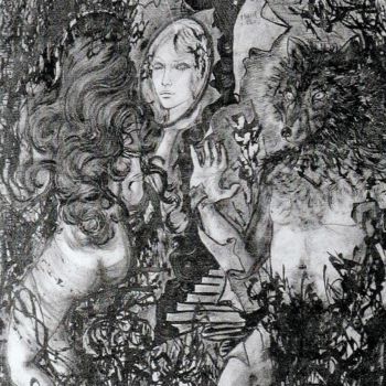 Tekening getiteld "La fiancée du Lycan…" door Maryfrance Dequidt-Mans (MANS.m), Origineel Kunstwerk, Inkt Gemonteerd op Hout…