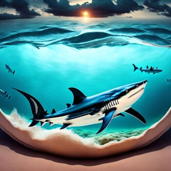 "Sea shark stalks th…" başlıklı Dijital Sanat Mary Gov tarafından, Orijinal sanat, AI tarafından oluşturulan görüntü