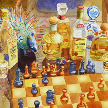 Painting titled "Chess and Tequila" by Mary Helmreich, Original Artwork