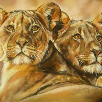 Painting titled "Les lionnes" by Marylise Froehly, Original Artwork, Pastel