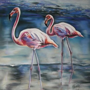 Painting titled "flamants-roses-past…" by Marylise Froehly, Original Artwork, Pastel