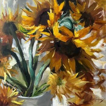 Картина под названием "Amber Sunflower — o…" - Maryna Hryhorenko, Подлинное произведение искусства, Масло Установлен на Дере…