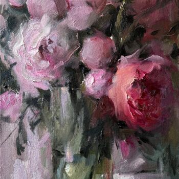 Painting titled "Pink peonies — flow…" by Maryna Hryhorenko, Original Artwork, Oil Mounted on Wood Stretcher frame