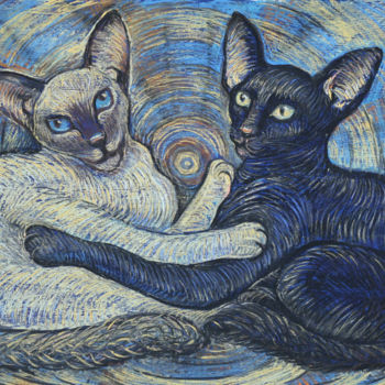 Drawing titled "Cosmic cats" by Maryna Novohorodska, Original Artwork, Pastel