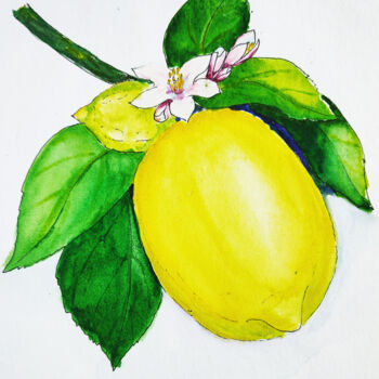 Painting titled "Lemon on the branch…" by Maryna Pohorielko, Original Artwork, Watercolor