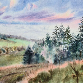Painting titled "View of the Alps" by Maryna Slizinova, Original Artwork, Watercolor