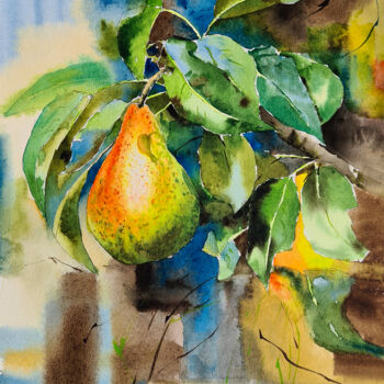 Schilderij getiteld "Juicy pear on abstr…" door Maryna Slizinova, Origineel Kunstwerk, Aquarel