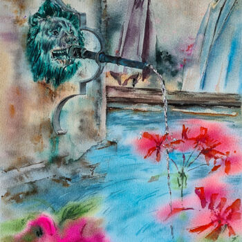 Schilderij getiteld "Fountain with flowe…" door Maryna Slizinova, Origineel Kunstwerk, Aquarel