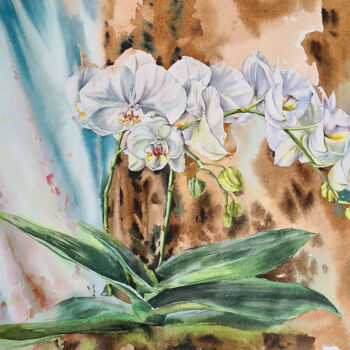 Pittura intitolato "Orchid on abstract…" da Maryna Slizinova, Opera d'arte originale, Acquarello