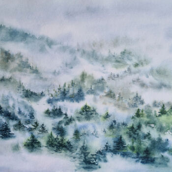 Painting titled "Pine forest in the…" by Maryna Slizinova, Original Artwork, Watercolor