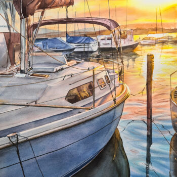 Schilderij getiteld "Sunset on the pier…" door Maryna Slizinova, Origineel Kunstwerk, Aquarel