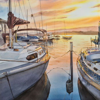 Картина под названием "Sunset on the lake…" - Maryna Slizinova, Подлинное произведение искусства, Акварель