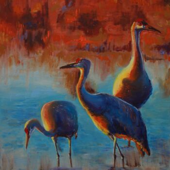 Pintura intitulada "Birds on Sunset" por Maryna Tsoneva, Obras de arte originais, Óleo