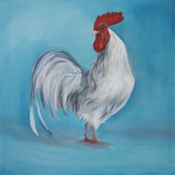 Pintura intitulada "White Rooster" por Maryna Tsoneva, Obras de arte originais, Óleo
