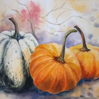 Painting titled "Pumpkin love" by Maryna Voitenko, Original Artwork, Watercolor