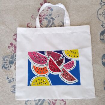 Sztuka tkaniny zatytułowany „Tote bag eco schedu…” autorstwa Maryna Yasar, Oryginalna praca, Tkanina