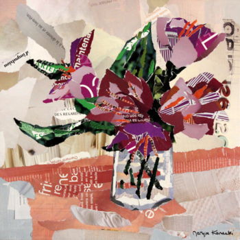 Collagen mit dem Titel "bouquet-violet" von Maryse Konecki, Original-Kunstwerk, Collagen