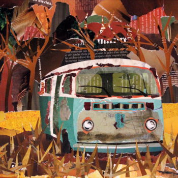 Collages getiteld "Combi VW  abandonné" door Maryse Konecki, Origineel Kunstwerk, Collages