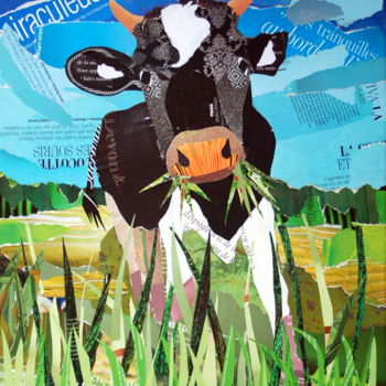 Colagens intitulada "Petite vache qui br…" por Maryse Konecki, Obras de arte originais, Colagens