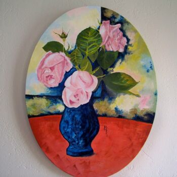 Malarstwo zatytułowany „Les roses (hommage…” autorstwa Maryse Curinier-Rochette, Oryginalna praca, Olej Zamontowany na Drewn…