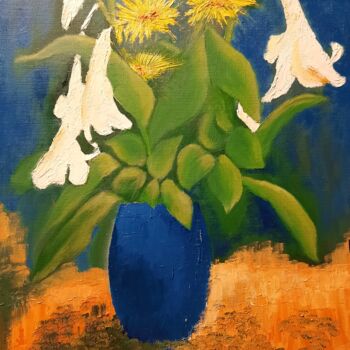 Malarstwo zatytułowany „Bouquet jaune et bl…” autorstwa Maryse Curinier-Rochette, Oryginalna praca, Olej