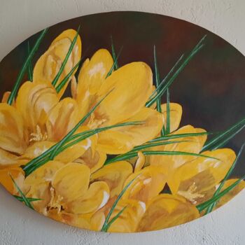 Painting titled "Éclat de crocus." by Maryse Curinier-Rochette, Original Artwork, Oil Mounted on Wood Stretcher frame