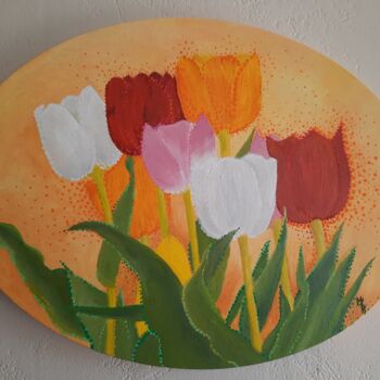 绘画 标题为“Tulipes colorées” 由Maryse Curinier-Rochette, 原创艺术品, 油 安装在木质担架架上