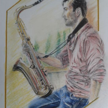 Drawing titled "Le penseur au saxo" by Maryse, Original Artwork