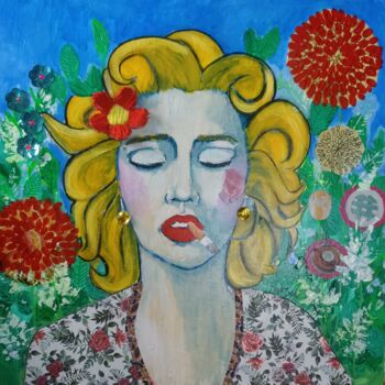 Painting titled "Blonde au jardin" by Marzel, Original Artwork, Acrylic Mounted on Wood Stretcher frame