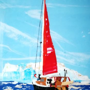 Painting titled "Red Yacht 2" by Marzena Ewiak, Original Artwork, Acrylic