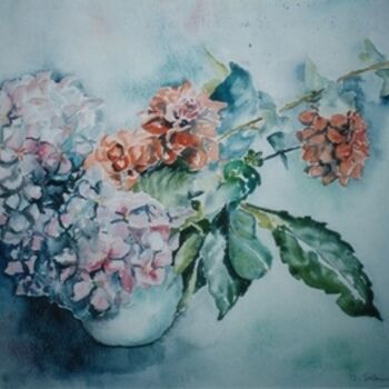 Painting titled "hortensias" by Maryse Salaun-Talec, Original Artwork