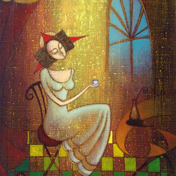 Malarstwo zatytułowany „Девушка с кофе” autorstwa Грант Cукиасян, Oryginalna praca, Olej