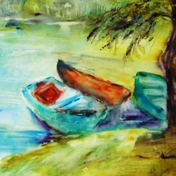 Peinture intitulée "Barques de pêche" par Masmoulin, Œuvre d'art originale, Huile