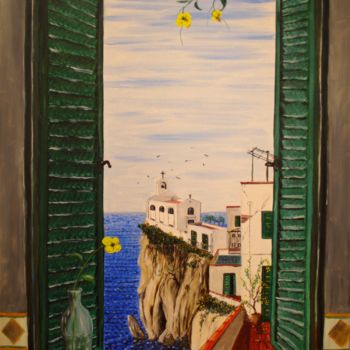 Painting titled "Vista dalla finestr…" by Massimo Mancuso, Original Artwork, Oil Mounted on Wood Stretcher frame