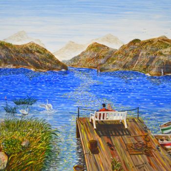绘画 标题为“La panchina sul lago” 由Massimo Mancuso, 原创艺术品, 油 安装在木质担架架上