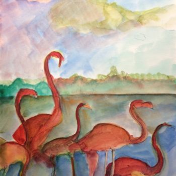 Painting titled "Red Flamingo" by Stéphane Massoutier, Original Artwork, Ink