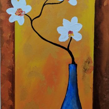 Painting titled "Orchid and moonlight" by Heya Masuka Nourin, Original Artwork, Acrylic Mounted on Wood Panel