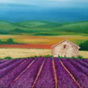 Painting titled "Lavender field - or…" by Mateja Marinko, Original Artwork, Oil Mounted on Wood Stretcher frame